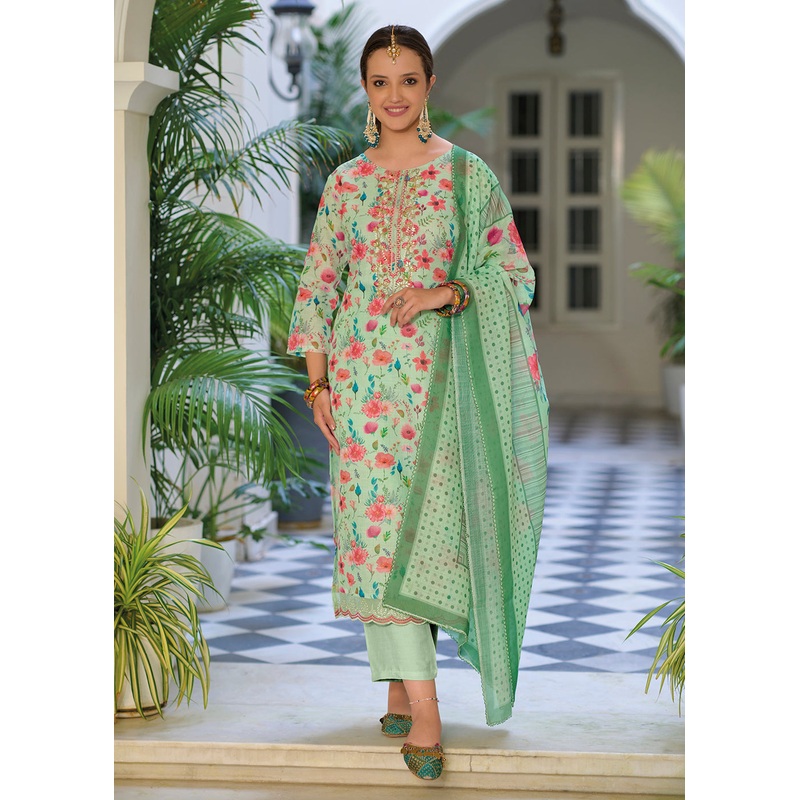 Gota Patti Embroidered Green Lilen Ethnic Salwar Suit