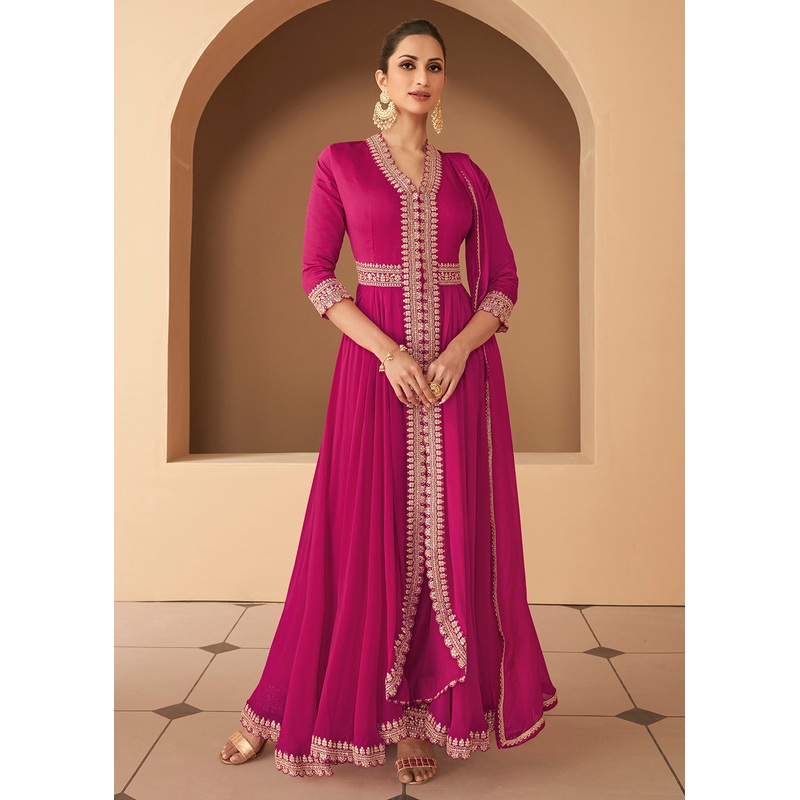 Ingenious Hot Pink Front Slit Silk Georgette Anarkali Suit