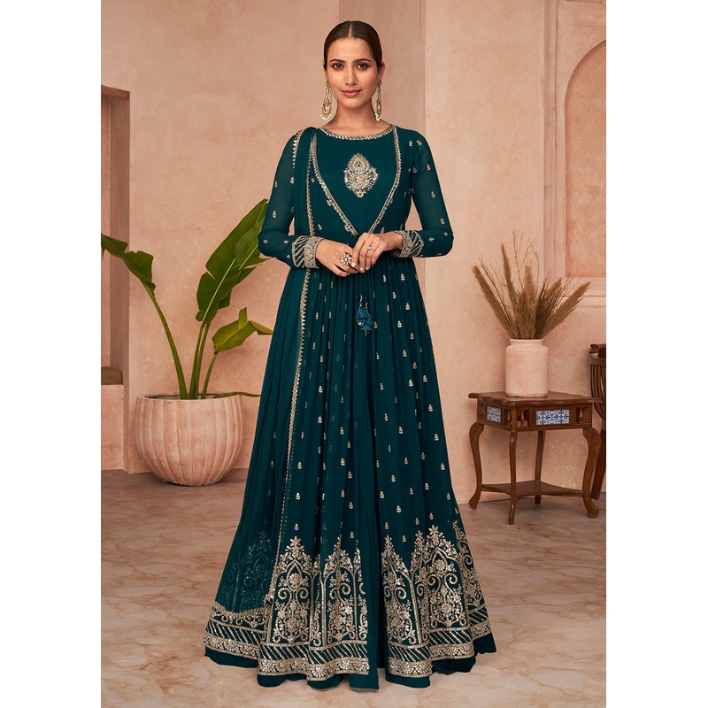 Jacket Style Coral Blue Mirror Work Bridesmaid Style Anarkali Gown