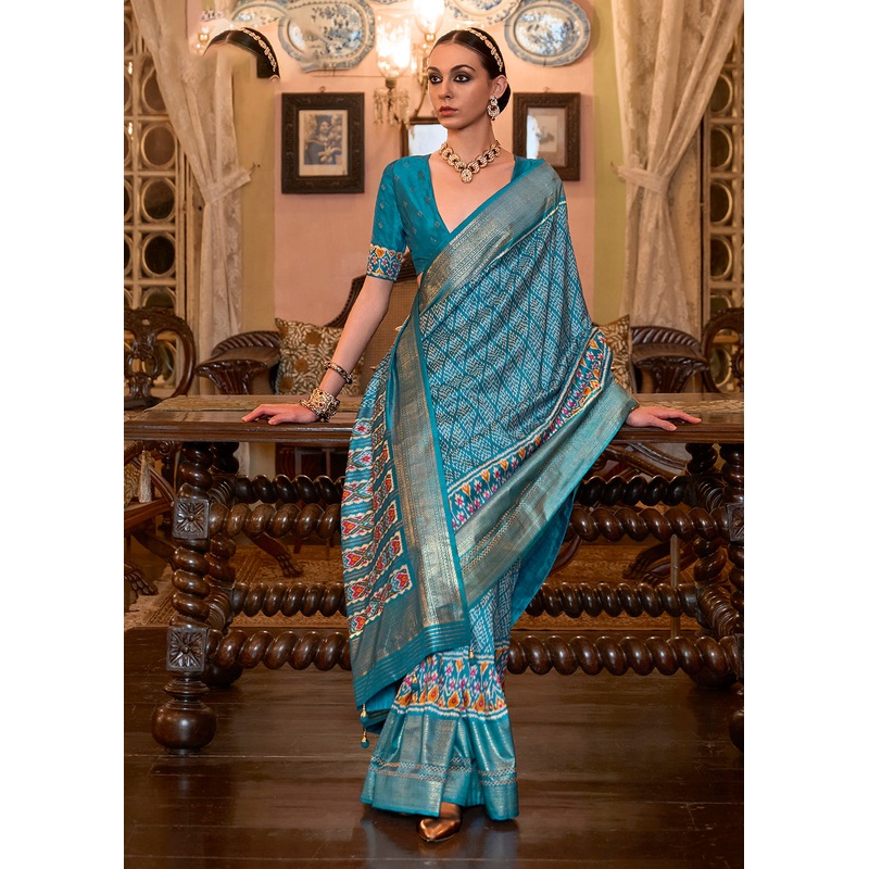 Lovely Firozi Blue Woven Zari & Printed Patola Silk Traditional Saree