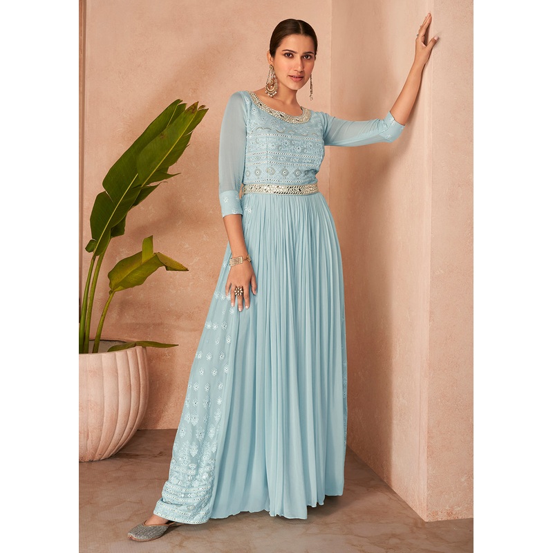 Lucknowi Style Baby Blue Embroidered Designer Anarkali Gown