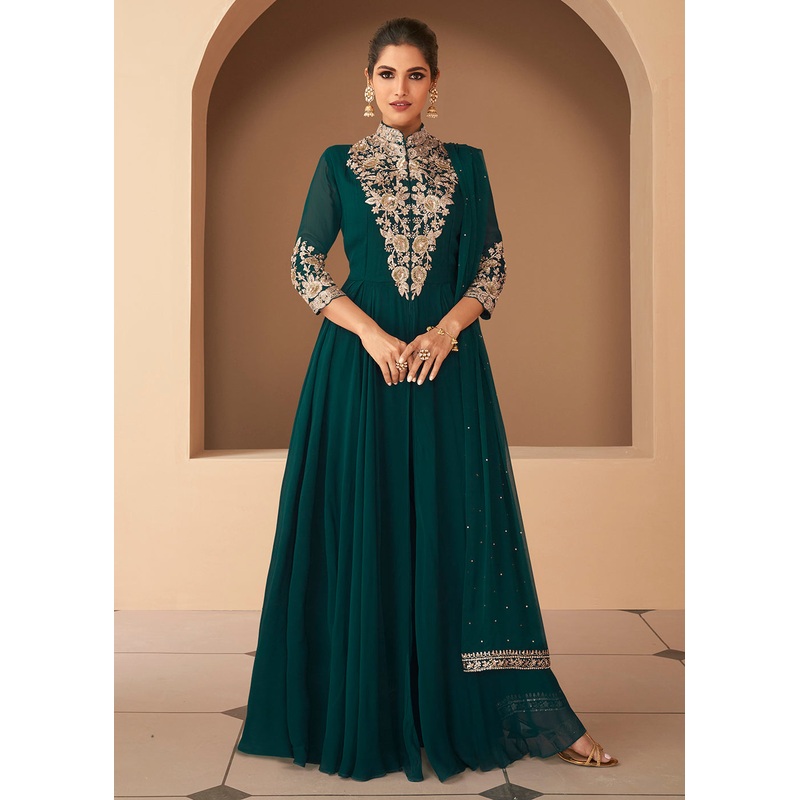 Luminous Bottle Green Front Slit Premium Anarkali Suit