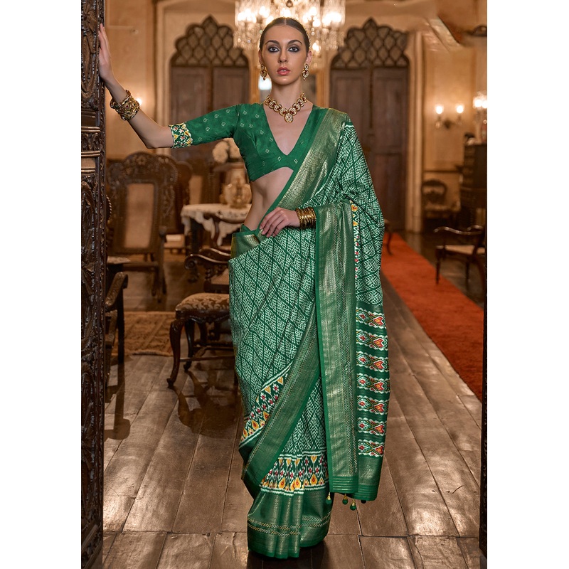 Marvelous Green Woven Zari & Printed Patola Silk Traditional Saree