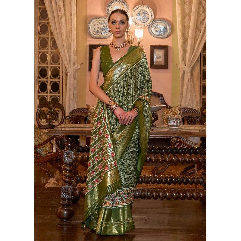 Olive Green Woven Zari & Printed Patola Silk Traditional Saree