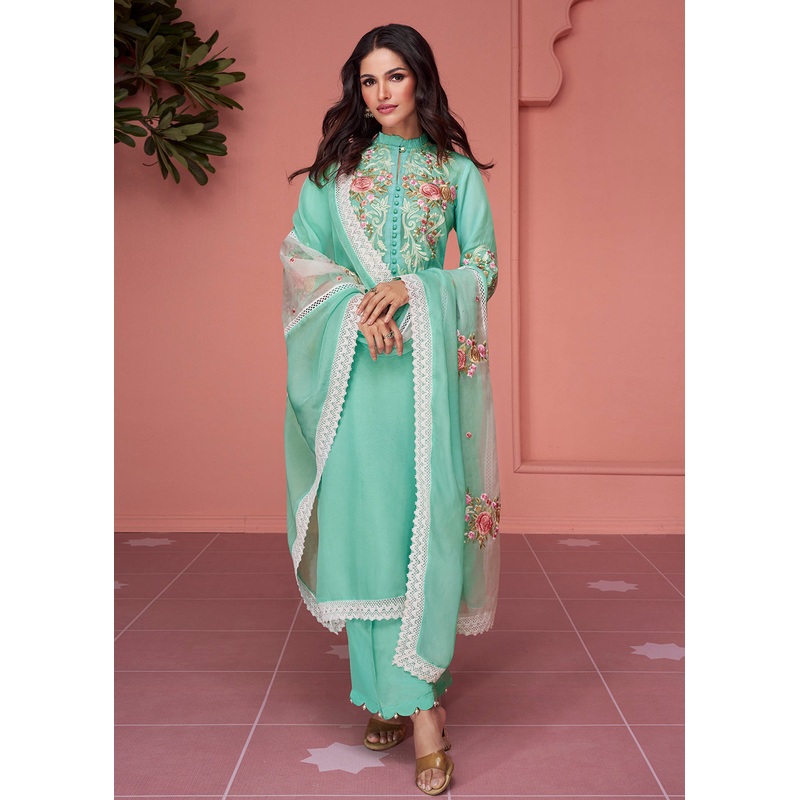 Organza Silk Aqua Green Pakistani Style Salwar Suit
