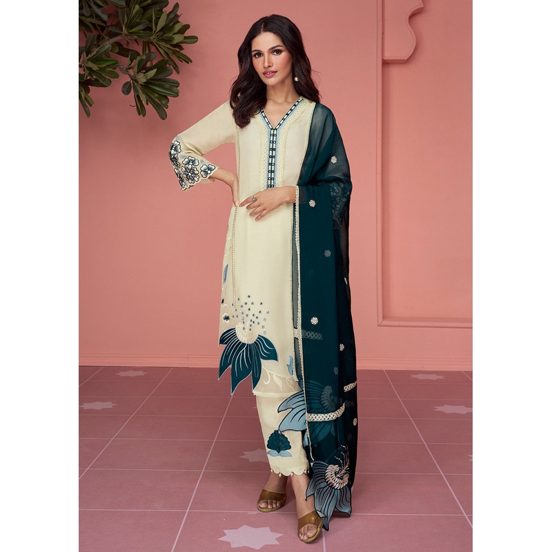 Organza Silk Pretty Cream Pakistani Style Salwar Suit