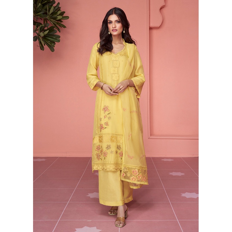 Organza Silk Pretty Yellow Pakistani Style Salwar Suit