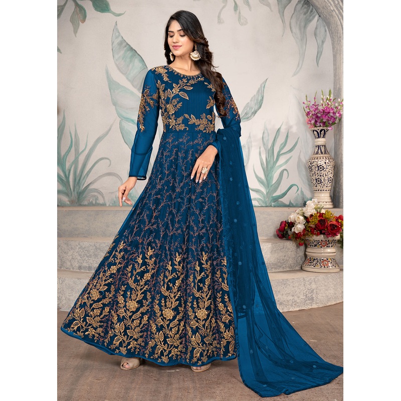 Party Style Blue Floral Zari Thread Embroidered Anarkali Suit