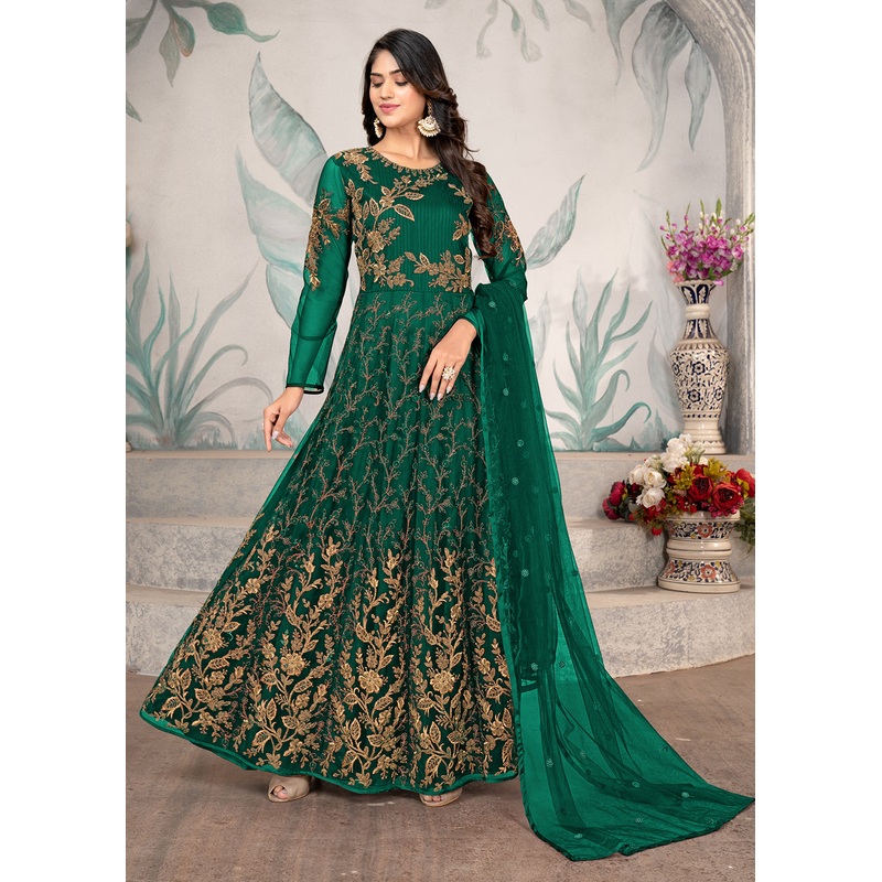 Party Style Green Floral Zari Thread Embroidered Anarkali Suit