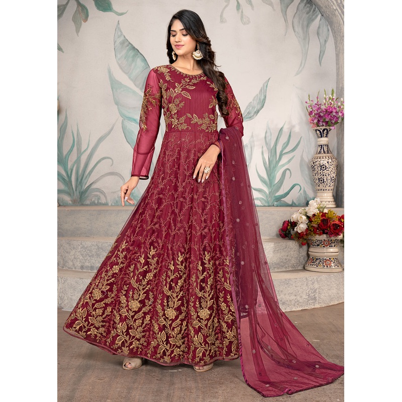 Party Style Magenta Floral Zari Thread Embroidered Anarkali Suit