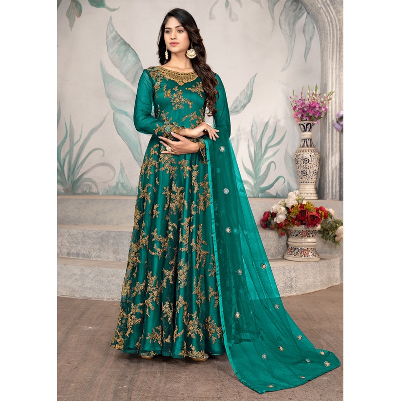 Party Wear Green Thread & Sequins Work Anarkali Suit
