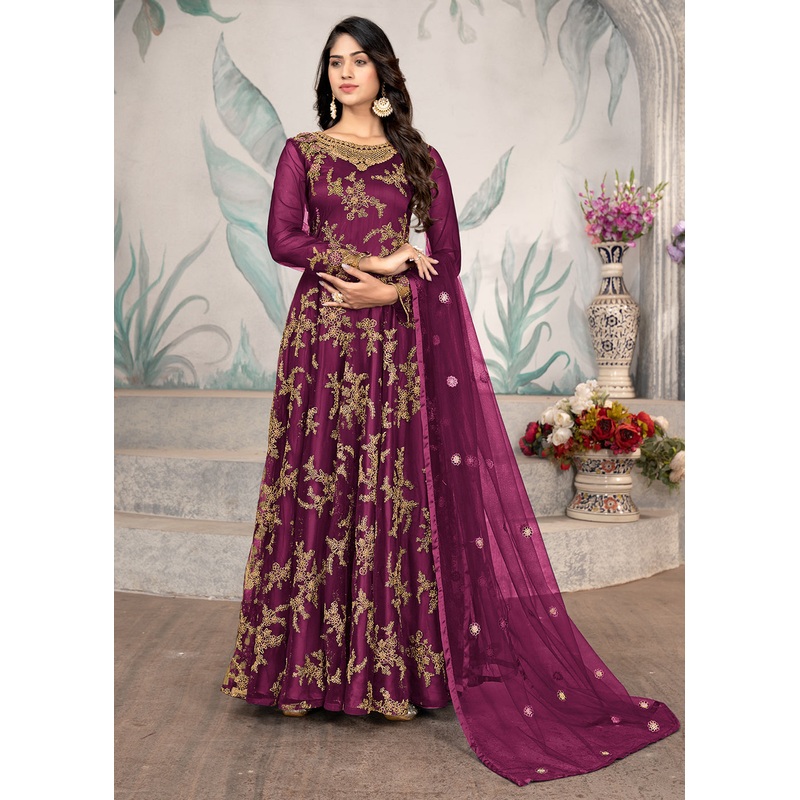 Party Wear Magenta Thread & Sequins Work Anarkali Suit