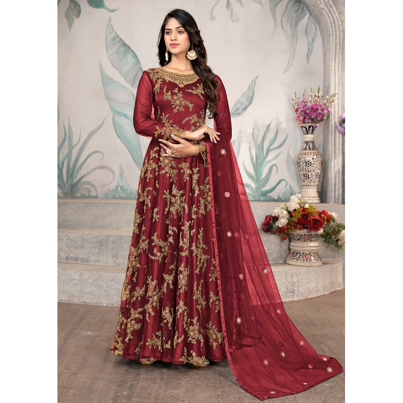 Party Wear Maroon Thread & Sequins Work Anarkali Suit