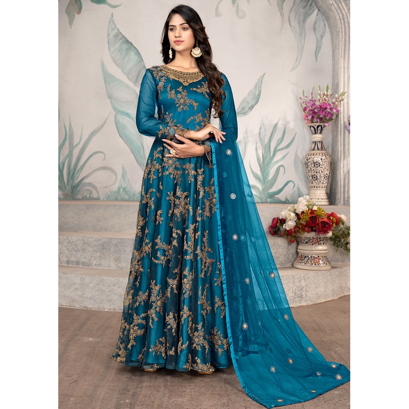 Party Wear Rama Blue Thread & Sequins Work Anarkali Suit