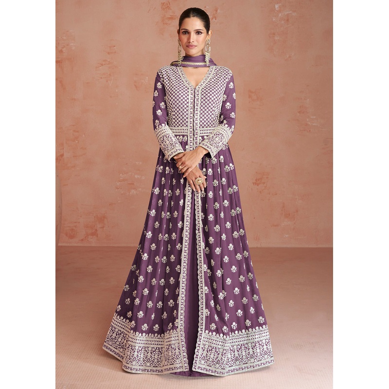 Plum Purple Slit Style Embroidered Georgette Skirt Anarkali Suit