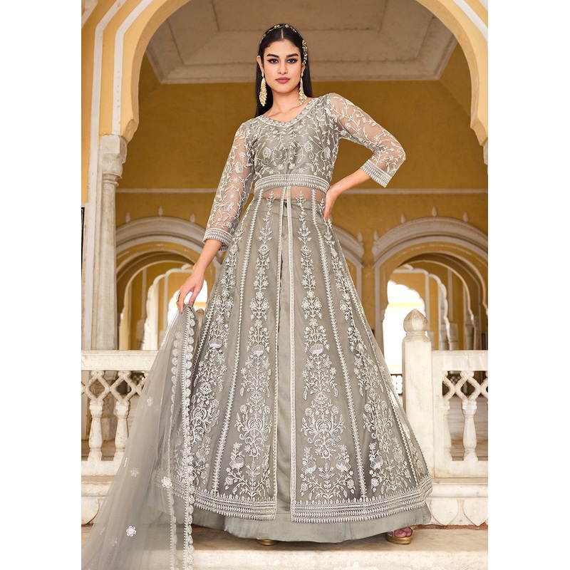 Powder Grey Skirt & Pant Style Designer Anarkali Suit