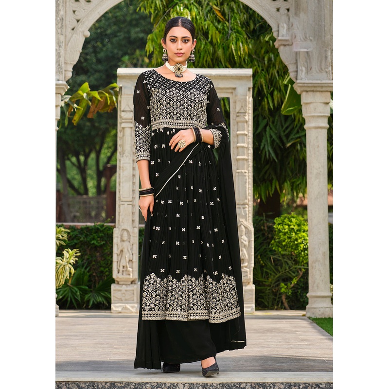 Premium Georgette Black Sequins & Crushed Wedding Festive Palazzo Suit