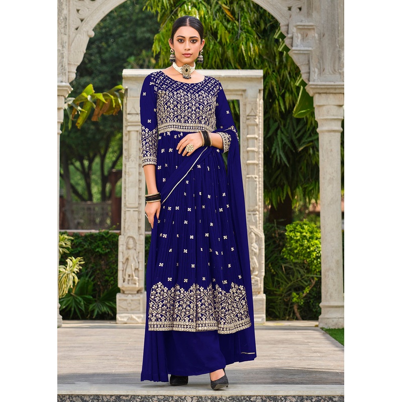 Premium Georgette Blue Sequins & Crushed Wedding Festive Palazzo Suit