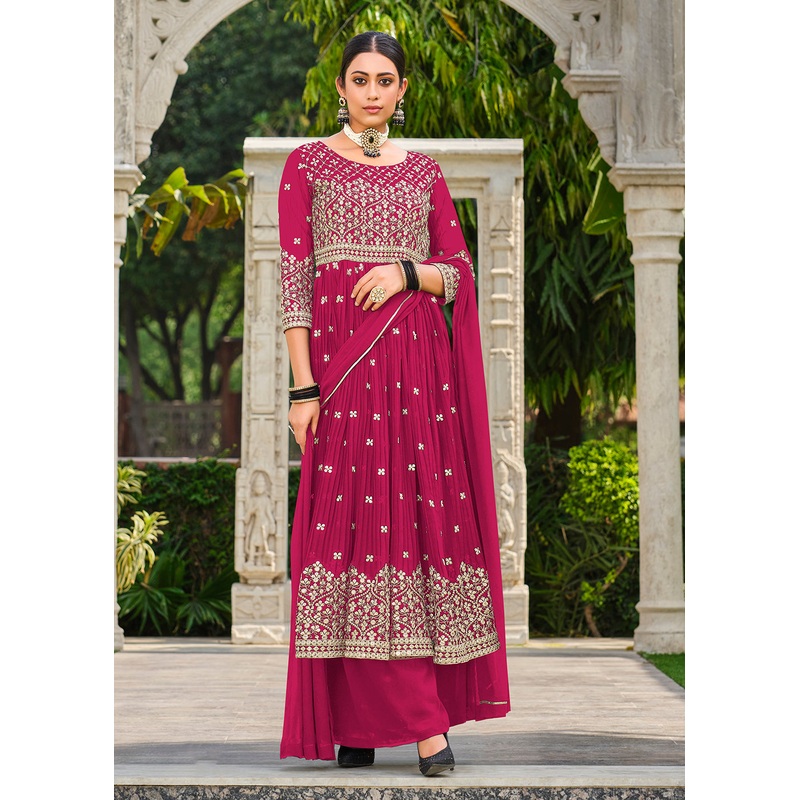 Premium Georgette Pink Sequins & Crushed Wedding Festive Palazzo Suit