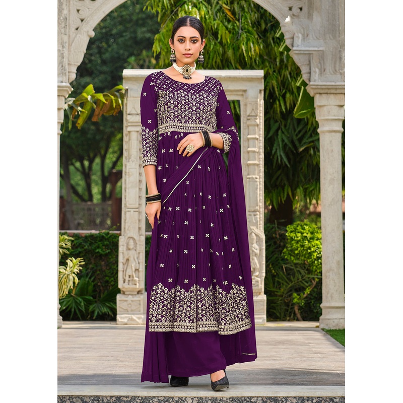 Premium Georgette Purple Sequins & Crushed Wedding Festive Palazzo Suit