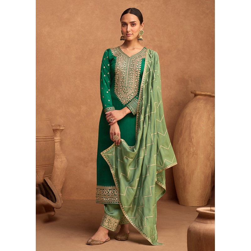Premium Silk Dark Green Festive Wear Palazzo Salwar Suit
