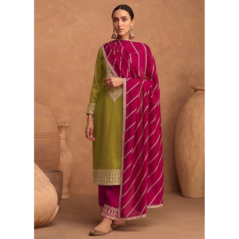 Premium Silk Mustard Green Festive Wear Palazzo Salwar Suit