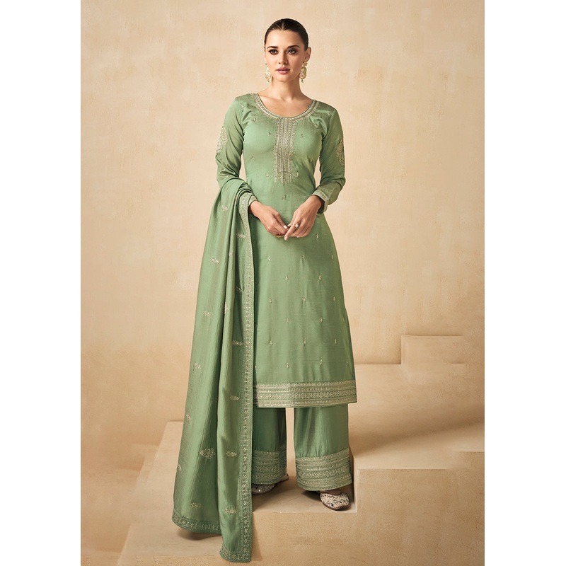 Premium Silk Pretty Green Embroidered Straight Pant Salwar Suit
