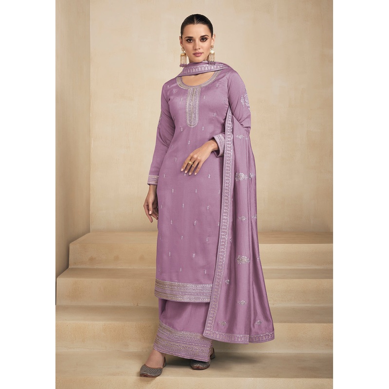 Premium Silk Pretty Lavender Embroidered Straight Pant Salwar Suit