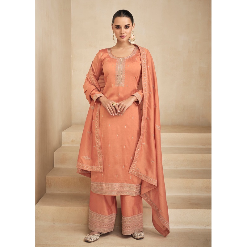 Premium Silk Pretty Orange Embroidered Straight Pant Salwar Suit