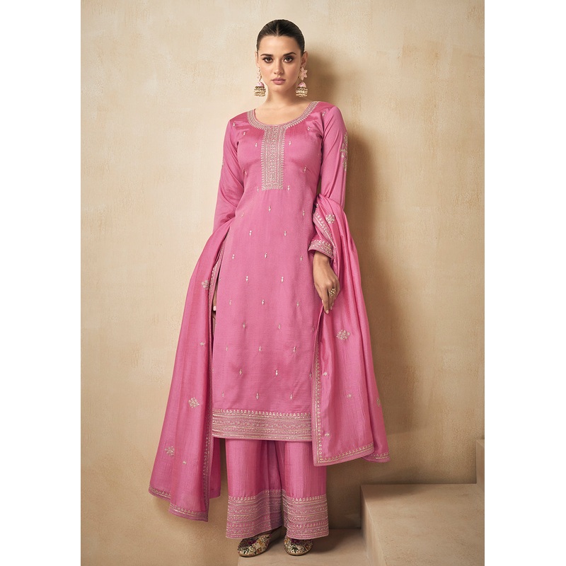 Premium Silk Pretty Pink Embroidered Straight Pant Salwar Suit