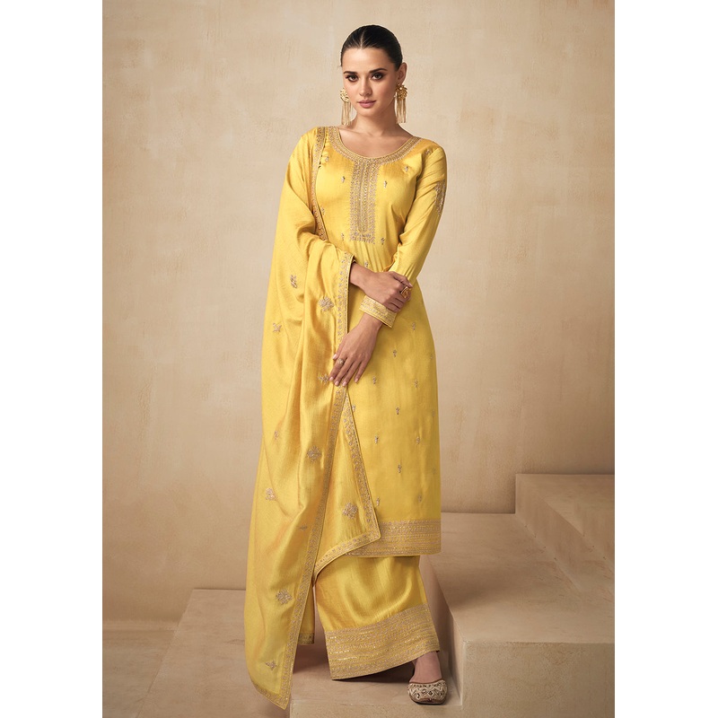 Premium Silk Pretty Yellow Embroidered Straight Pant Salwar Suit