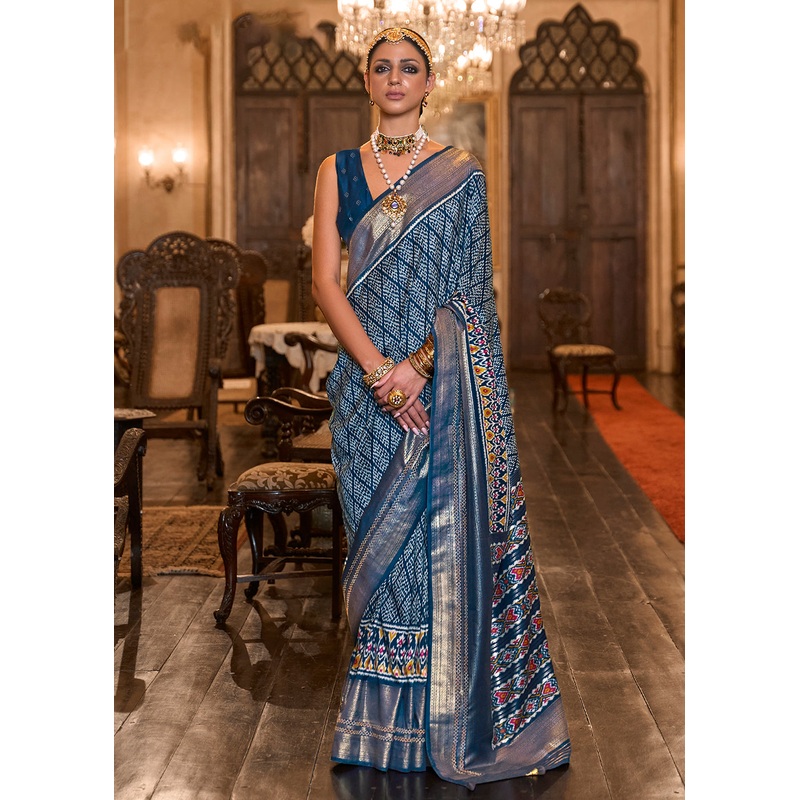Pretty Navy Blue Woven Zari & Printed Patola Silk Traditional Saree