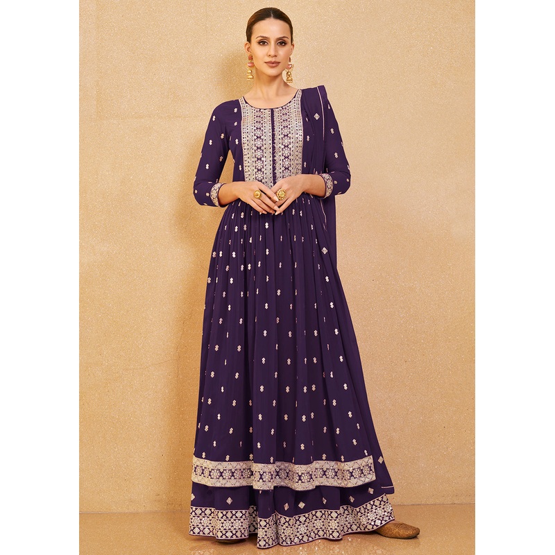 Pretty Purple Real Georgette Palazzo Style Salwar Suit