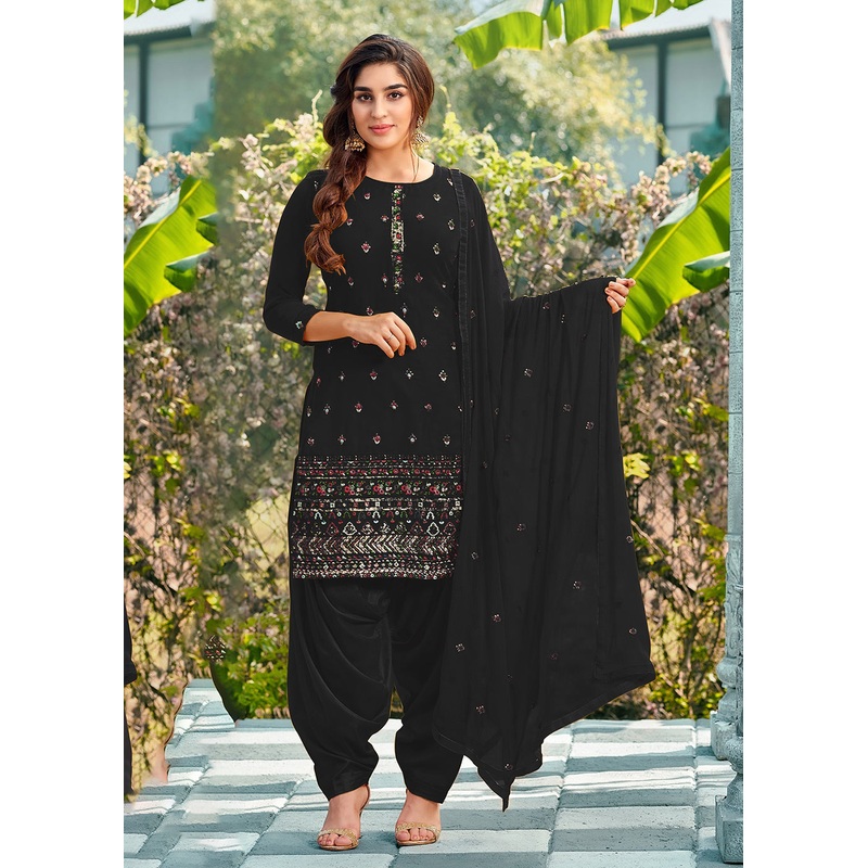 Riveting Black Punjabi Style Embroidered Georgette Patiala Suit