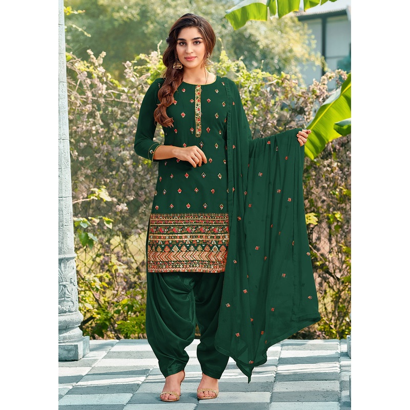 Riveting Green Punjabi Style Embroidered Georgette Patiala Suit