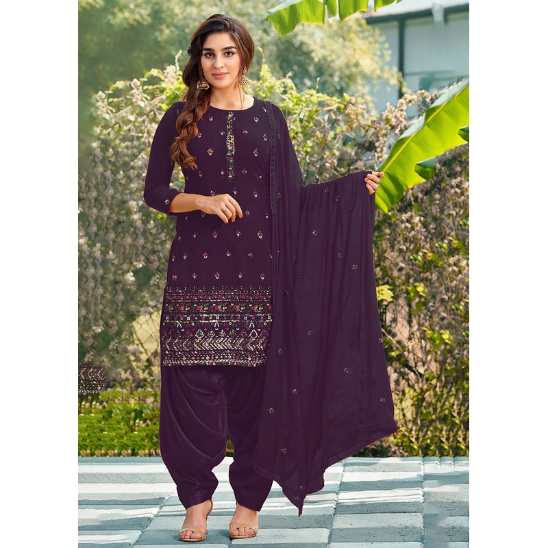 Riveting Purple Punjabi Style Embroidered Georgette Patiala Suit
