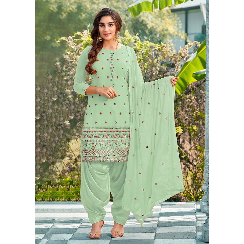 Riveting Sea Green Punjabi Style Embroidered Georgette Patiala Suit
