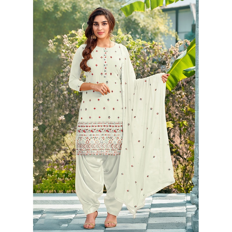 Riveting White Punjabi Style Embroidered Georgette Patiala Suit