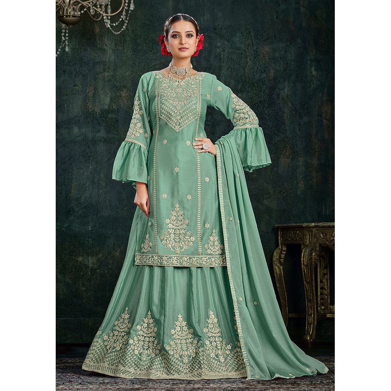 Sharara Top Style Gorgeous Green Chinon Festive Lehenga Suit