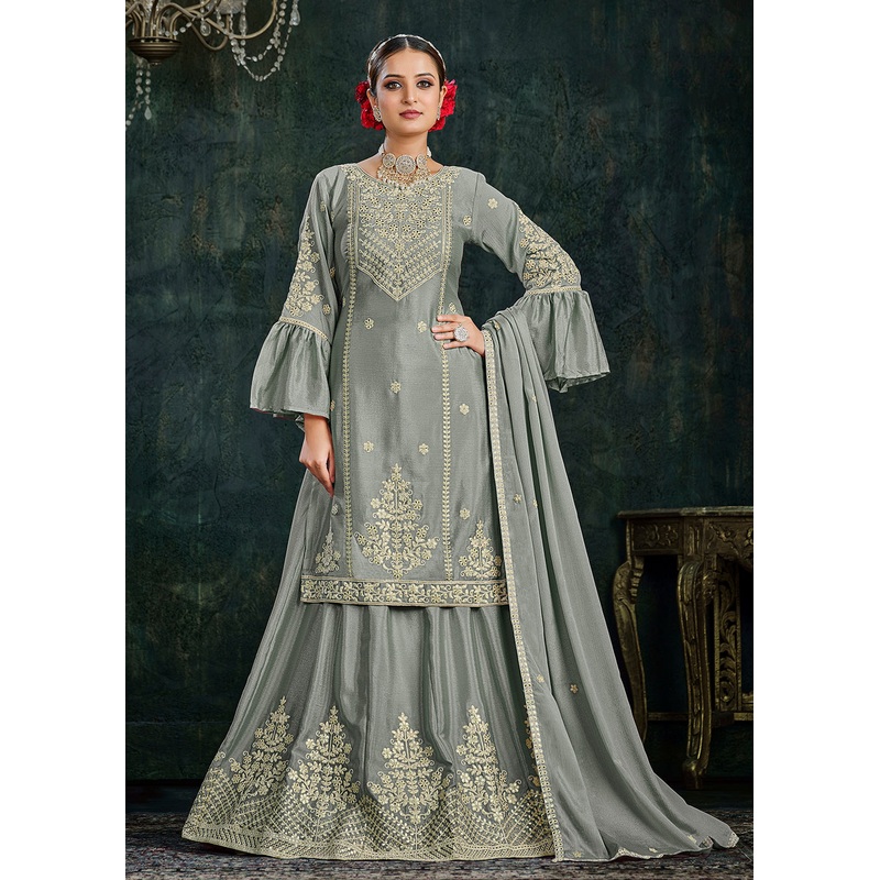 Sharara Top Style Gorgeous Grey Chinon Festive Lehenga Suit