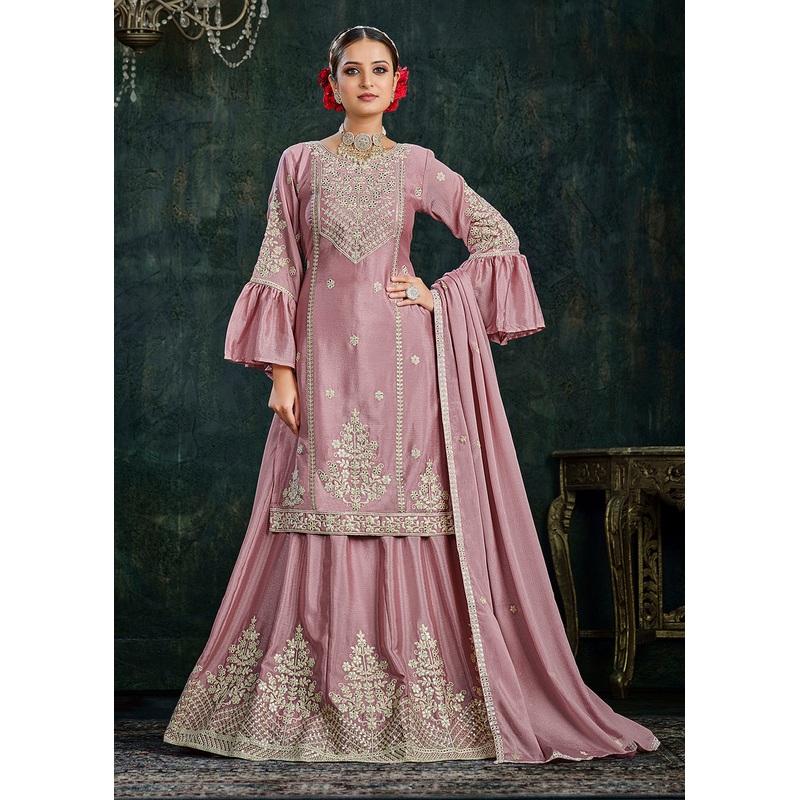 Sharara Top Style Gorgeous Pink Chinon Festive Lehenga Suit