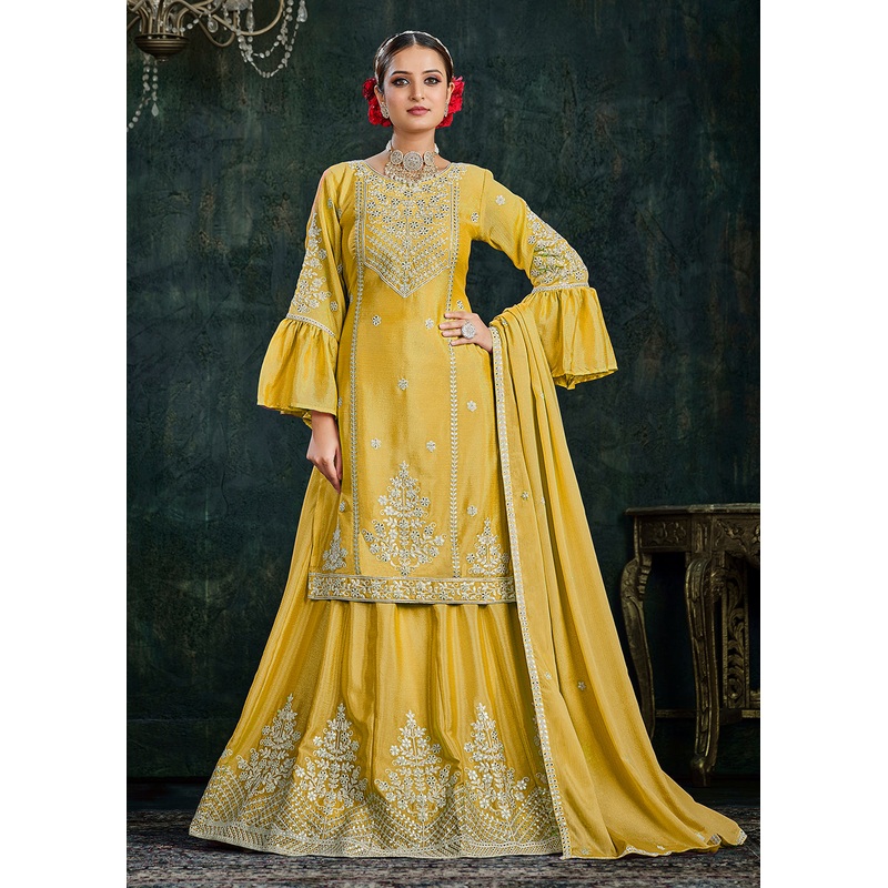 Sharara Top Style Gorgeous Yellow Chinon Festive Lehenga Suit