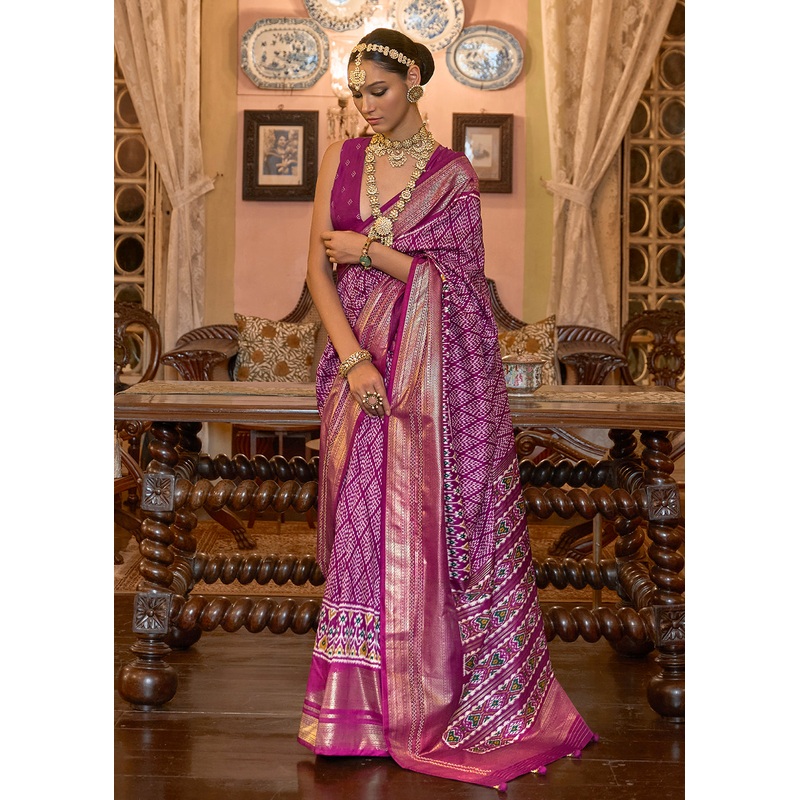 Stupendous Magenta Woven Zari & Printed Patola Silk Traditional Saree