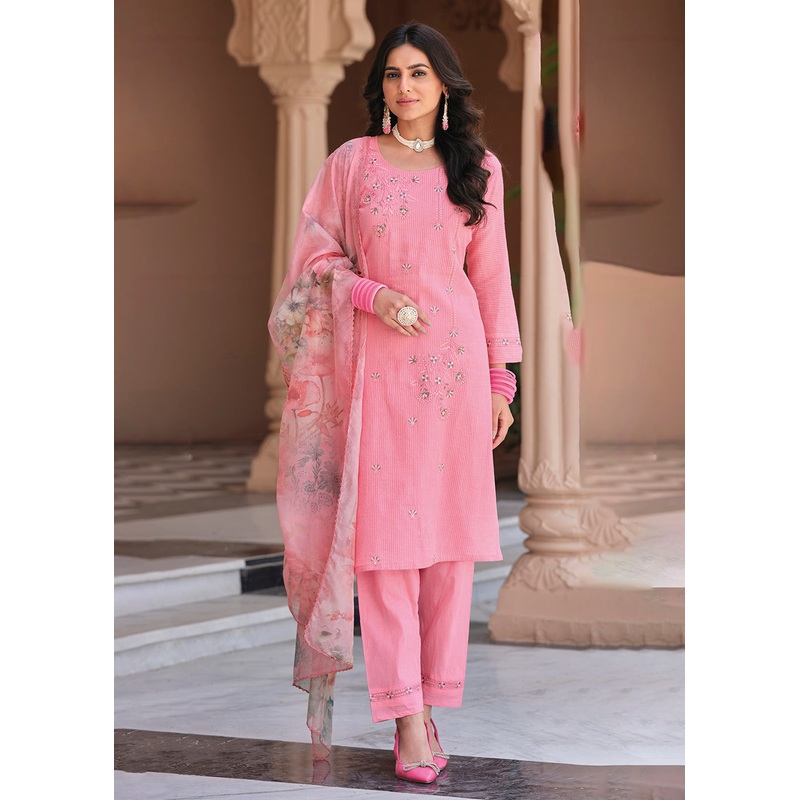 Superior Pink Cotton Khatli Hand Work Casual Salwar Suit