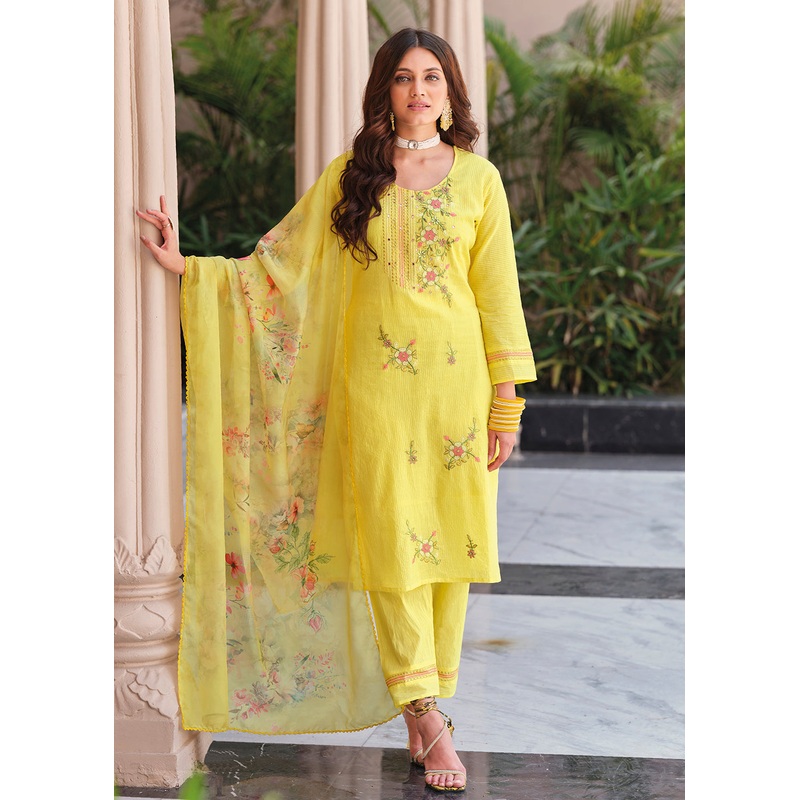 Superior Yellow Cotton Khatli Hand Work Casual Salwar Suit