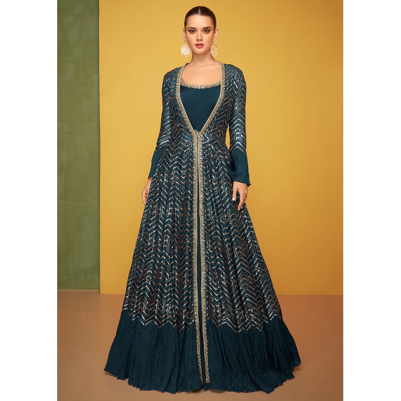 Tempting Blue Chinon Fabric Jacket Style Designer Anarkali Gown
