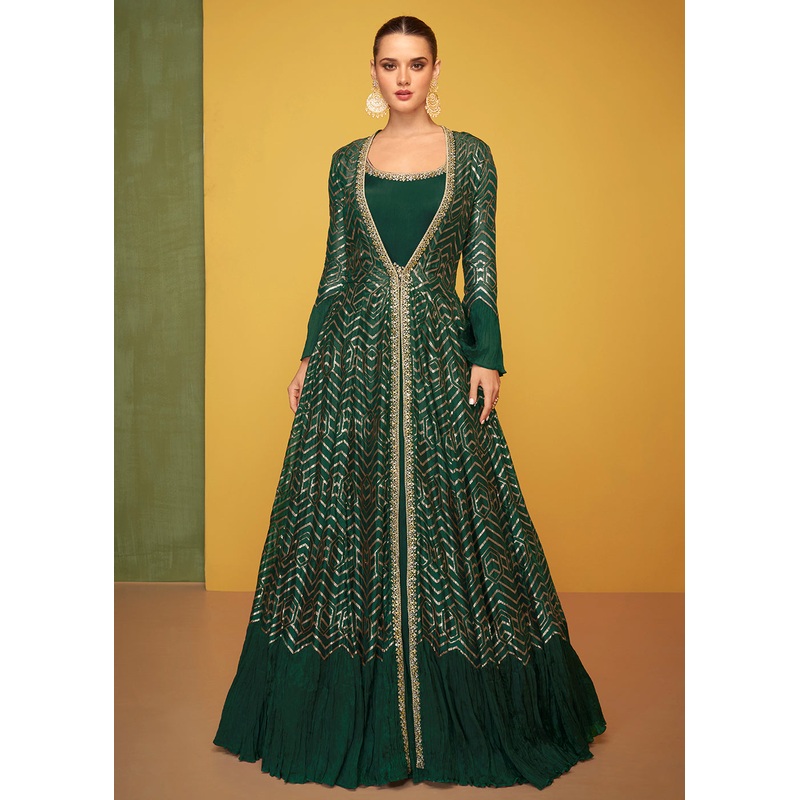 Tempting Green Chinon Fabric Jacket Style Designer Anarkali Gown