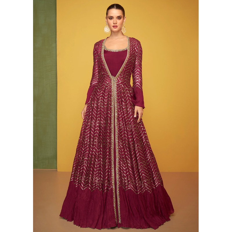 Tempting Magenta Chinon Fabric Jacket Style Designer Anarkali Gown