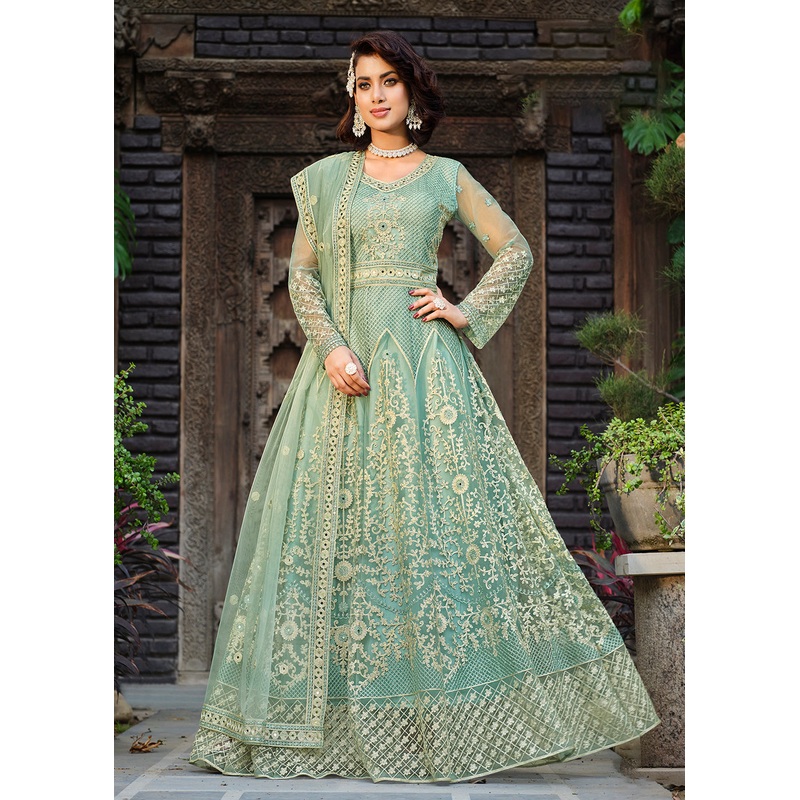 Thread Stone Embroidered Aqua Green Wedding Anarkali Suit