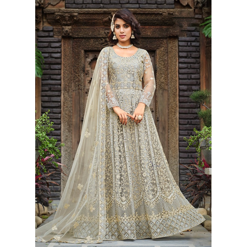 Thread Stone Embroidered Stunning Grey Wedding Anarkali Suit